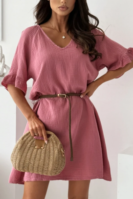ефирна памучна къса рокля с колан AMELINTA PINK