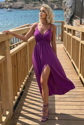 лятна миди рокля с тънки презрамки и еластична талия TIMINA PURPLE