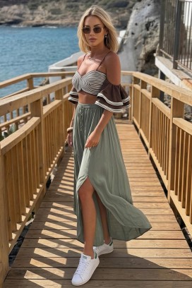 ефирен дамски панталон с ефектни цепки на крачолите OLIVETI KHAKI