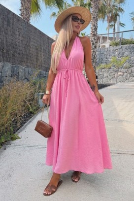 дълга рокля с гол гръб и декоративна връзка ROTALITA PINK