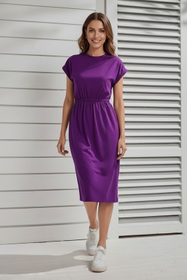 миди рокля с къси ръкави и ластична талия CALIMBRIA PURPLE