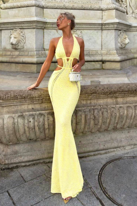 дълга плетена плажна рокля с изрязани детайли KRESTINA YELLOW