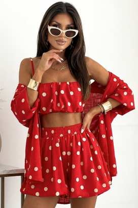 комплект на точки с бюстие, къси панталонки и ефирна риза ANELIANA RED