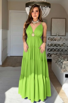 eфирна макси рокля с дълбоко V-образно деколте и декоративен акцент ARELIANA GREEN
