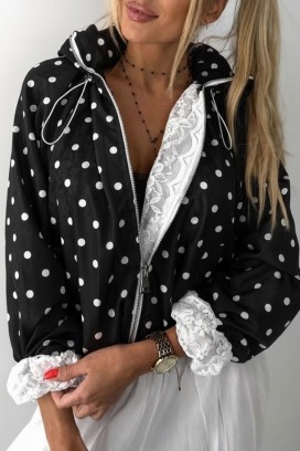 дамско яке на точки с дантелена подплата и качулка DOTILIANA BLACK