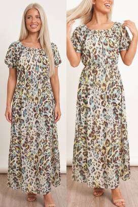 дълга рокля с животински принт и свободен силует RAMIRIA ECRU