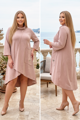 асиметрична рокля тип туника с висока яка и 3/4 ръкав DEBRINA BEIGE