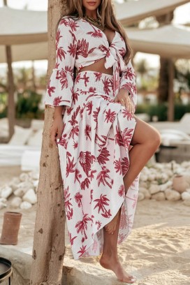 дамски комплект с топ с връзване и ефирна макси пола RAMORIA RED