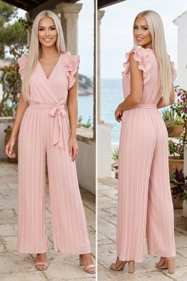 плисиран гащеризон с прехлупено деколте волани и колан VIRENZIA PINK
