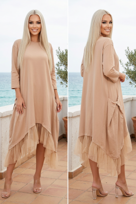 свободна асиметрична рокля с тюлен волан и джобове VELARIZA BEIGE
