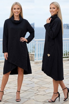 асиметрична рокля тип туника с висока яка и 3/4 ръкав DEBRINA BLACK