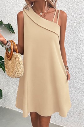елегантна къса рокля с асиметрично деколте и свободен силует IVRINIA BEIGE