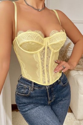 дамски корсетен топ с фина дантела и тънки презрамки KROELIA YELLOW