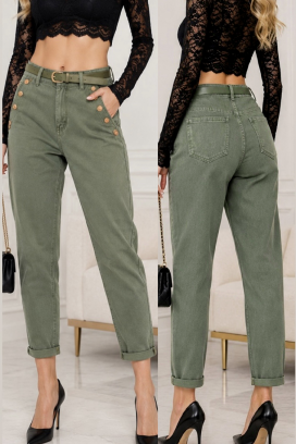 стилни дамски дънки с висока талия и декоративни метални копчета RAVENZIA KHAKI
