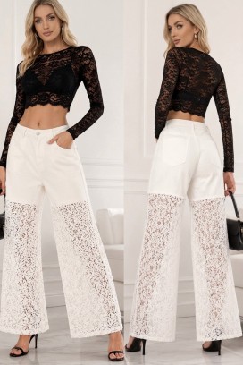 ефектни дънки с висока талия и дантелена долна част LACERIA WHITE
