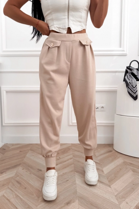 спортно-елегантен панталон с висока талия и еластични маншети AMARIATA BEIGE
